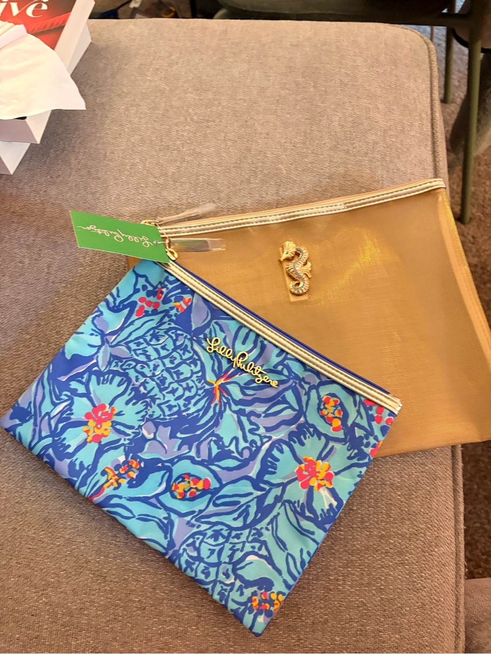 Lilly Pulitzer Blue Floral Cosmetic Zip Pouch Set with Gold Mesh Pouch